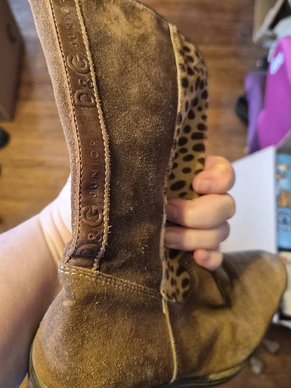D&G Brown Suede Ankle Boots with Leopard-Print Lining and Plaid Detail